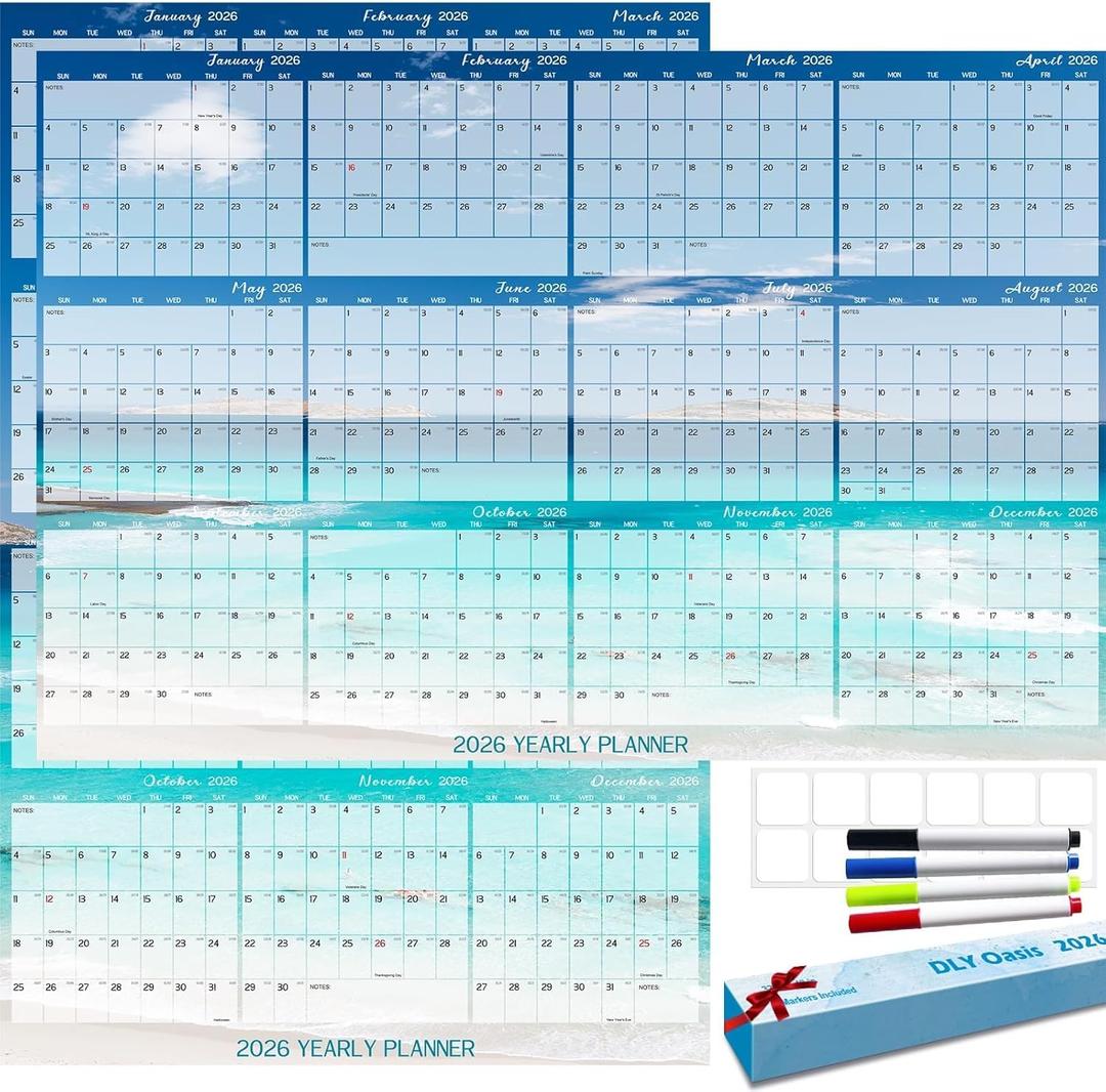 32" x 48" 2026 Wall Calendar Dry Erase - Large Rolled Beach Wall Calendar Wet & Dry Erasable Laminated 12 Month Annual Yearly Planner, Reversible, Horizontal/Vertical, Blue