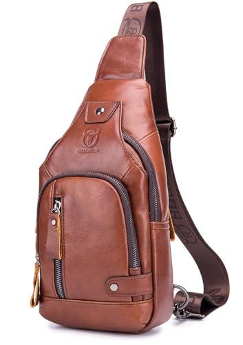 BULLCAPTAIN Leather Sling Bag Mens Chest Bag Casual Shoulder Crossbody Bags Travel Hiking Backpacks Daypack with USB Charging Port (Brown)