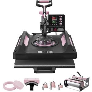 VEVOR Pro 15x15 Heat Press with 30 OZ Tumbler Attachment, 8in1 Combo Tumbler Hat Heat Press for T-Shirts, Tumblers Glass Cans Mugs Hats Caps, and Plates (Black & Pink)