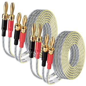 2 Pack 16/2 Speaker Flat Wire Cable with Banana Tip Plugs 4 FT, 16 Gauge AWG Wire, Tinned OFC Copper, Transparent Jacket with Yellow Polarity Marker, for Indoor & Outdoor, Hi-Fi