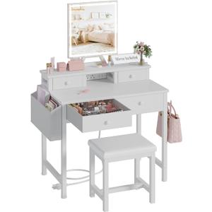 KAI-ROAD White Makeup Vanity Desk with Mirror and Lights, 40 inch Girls Vanity Set with Chair, Make Up Dresser Table with Drawers and Power Outlet for Bedroom Small Space