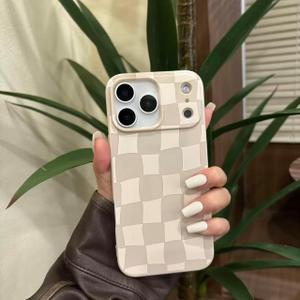 for iPhone 17 Case 6.3 Inch, Trendy Checkered Aesthetic Cute Girly Design for Women & Girls, Checkerboard Pattern Phone Case, Slim Fit Silicone Protective Cover, Beige and White