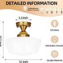 Bagood 12" Brass Schoolhouse Lights Fixture Milk Glass Light Fixtures Mid Century Light Fixtures School House Lights Fixture Ceiling Semi Flush Mount Ceiling for Bathroom Bedroom (Bulb Incl.)