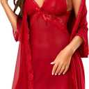Women Sexy Lingerie Set 3 Piece Babydoll & Lace Kimono Robe Strap Chemise Nightgown Mesh Sleepwear (XX-Large, Wine Red)