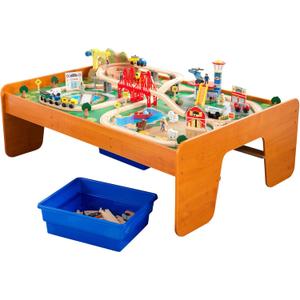 KidKraft Ride Around Town Wooden Train Set and Table with Helicopter, Airplane, Farm, Storage Bins and 100 Pieces, Compatible with Other Major Brand Trains, Honey