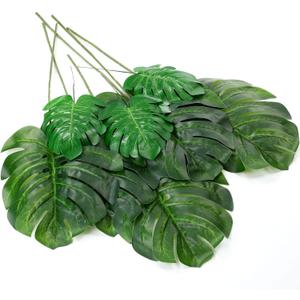 Zeyune 12 Pcs Artificial Palm Leaves with Faux Stems Fake Turtle Leaf Artificial Tropical Plants Green Large Dried Monstera Leaf UV Resistant for Table Leave Outdoor Kitchen Wedding Party Decorations