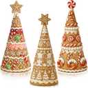 3 Pack Gingerbread Christmas Tree with Light Figurines Christmas Tabletop Decorations Resin Gingerbread Cone Tree Decor Figurines for Xmas Home Centerpieces Tiered Tray