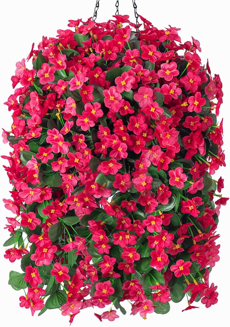 Artificial Fake Hanging Flowers Plants Baskets for Outdoor Outside Porch Decoration, Faux Silk Hotpink Realistic UV Resistant Orchid Long Vines in Planter for Spring Summer Home Patio Balcony