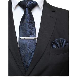 JEMYGINS Mens Solid Color Paisley Necktie and Pocket Square with Tie Clip Sets
