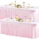 Wish Care 2 Pack Pink Spandex Table Clothes for 8 Foot Rectangle Tables, 8FT Wrinkle Free Fitted Tablecloths Ruffles Design Table Cover for Party, Banquet, Wedding and Events