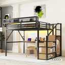 KEIKI Queen Size Metal Loft Bed Frame with Desk, Staircase, Built-in Storage Shelves and Wardrobe, Modern Loft Bed with Solid Slat, Guardrail, No Box Spring Required, Easy Assembly, for Bedroom, Black