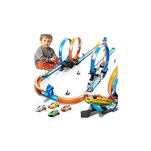LILYBUDS Toy Car Track Gift Set for Boys Kids Age 3-5 4-7 8-12, Long Race Tracks with 4 Action Loops and 4 High-Speed Slot Die-Cast Race Cars, 35+ Pieces Race Tracks to Create Multiple Configurations