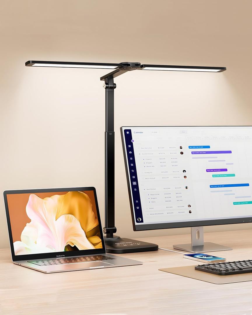 CHARYJOD LED Desk Lamp for Office Home, Height Adjustable Architect Desk Light with USB Adapter, Stepless Dimming Desk Lamp Light for Reading, Study, Workbench (Black)