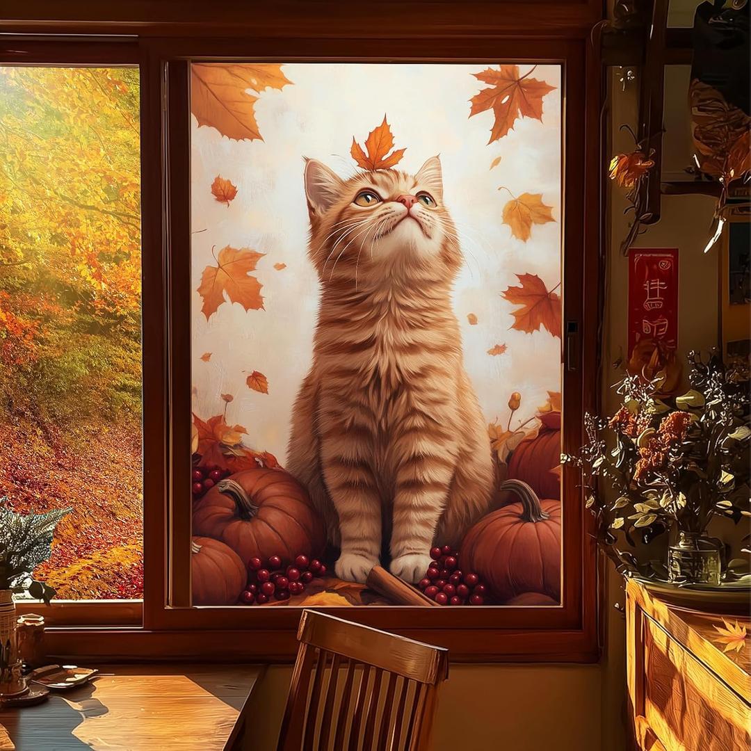 HOMETITUTE Cat Fall Window Film 31x47 Inch Cat Pumpkin Leaves Autumn Decorative Windows Film Thanksgiving Privacy Window Cling Static Cling Windows Sticker for Kitchen Living Room Glass Door Dcor