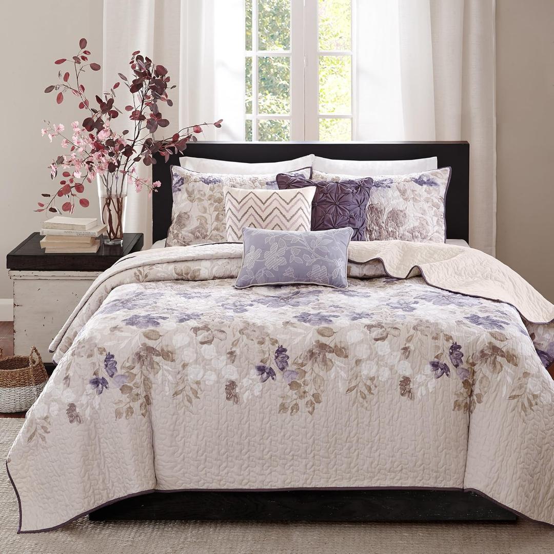 Madison Park Luna Quilt Modern Classic Design All Season, Breathable Coverlet Lightweight Bedding Set, Matching Shams, Decorative Pillow, Full/Queen(90"x90"), Floral Taupe 6 Piece (Full/Queen (90 in x 90 in), Floral Taupe)
