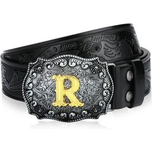 Mens Western Cowboy Cowgirl Faux Leather Belt Longhorn Bull Pattern Letter Big Buckle Embossed Floral Belts (38 (Fits Waist 36"-37"))