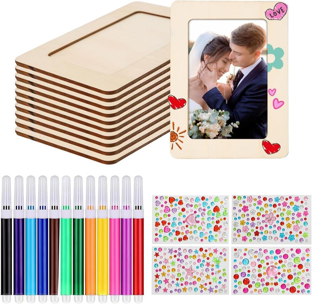 Zjdbset Picture Frame Painting Craft Kit for 4 * 6 Photo,10Pcs DIY Unfinished Wooden Picture Frames with 12Pcs Painting Color Pen 4 Sheets Crystal Diamond Stickers for DIY Craft
