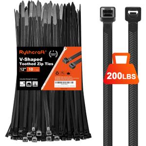 Zip Ties Heavy Duty 12 inchV-Shaped Toothed Double Sided With 200 LBS Tensile Strength Cable Ties Extra Large Wire Ties Adjustable Nylon Tie Wraps for Indoor Outdoor Patented Design80 Pack Black