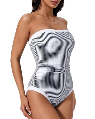 SUUKSESS Women Sexy One Piece Tummy Control Swimsuit Strapless Bandeau Slimming Halter Swimwear 2025 Colorblock Backless Bathing Suit (White Black Striped,Large)