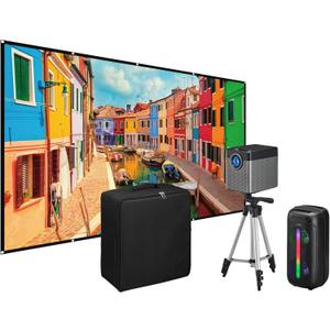 iLive Cinema Pop-Up Film Kit, 720p Projector with 120 Inch Screen, Bluetooth 5.0 Speaker, HDMI/USB/3.5mm, Black, Portable Theater, 21.5 x 17 x 19 cm