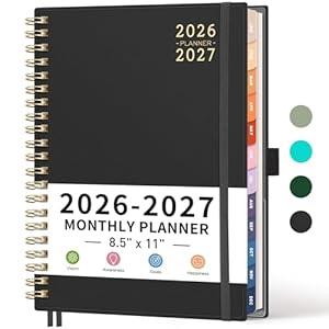 RETTACY 2026-2027 Monthly Planner, Jan 2026 - Dec 2027, Large Size (8.5" x 11"), 2026-2027 Calendar, 24-Month Tabs, Flexible Plastic Cover, Spiral-bound, 100 GSM Thick Paper (Black)