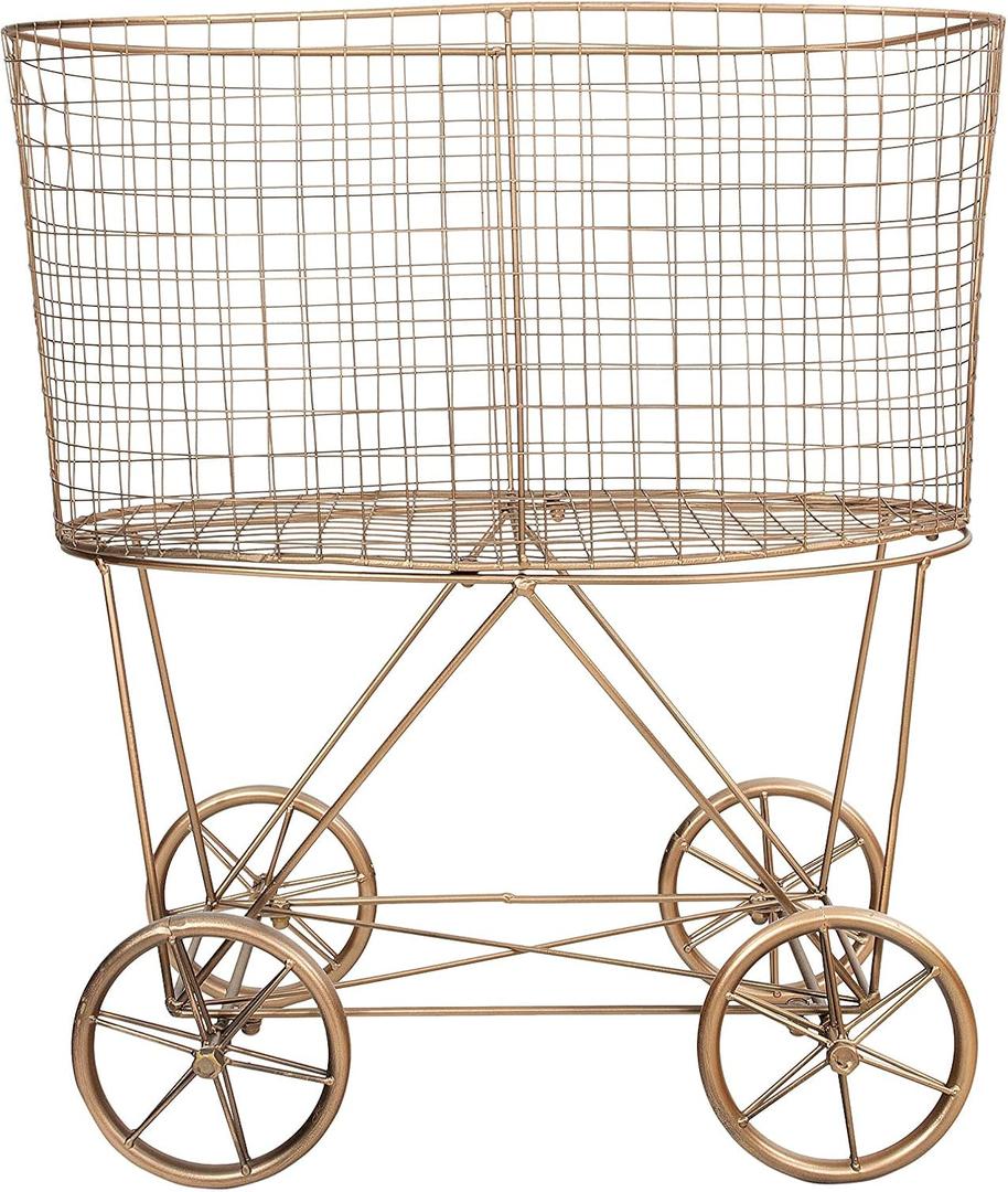 Creative Co-Op Vintage Reproduction Decorative Metal Laundry Basket on Wheels, Copper