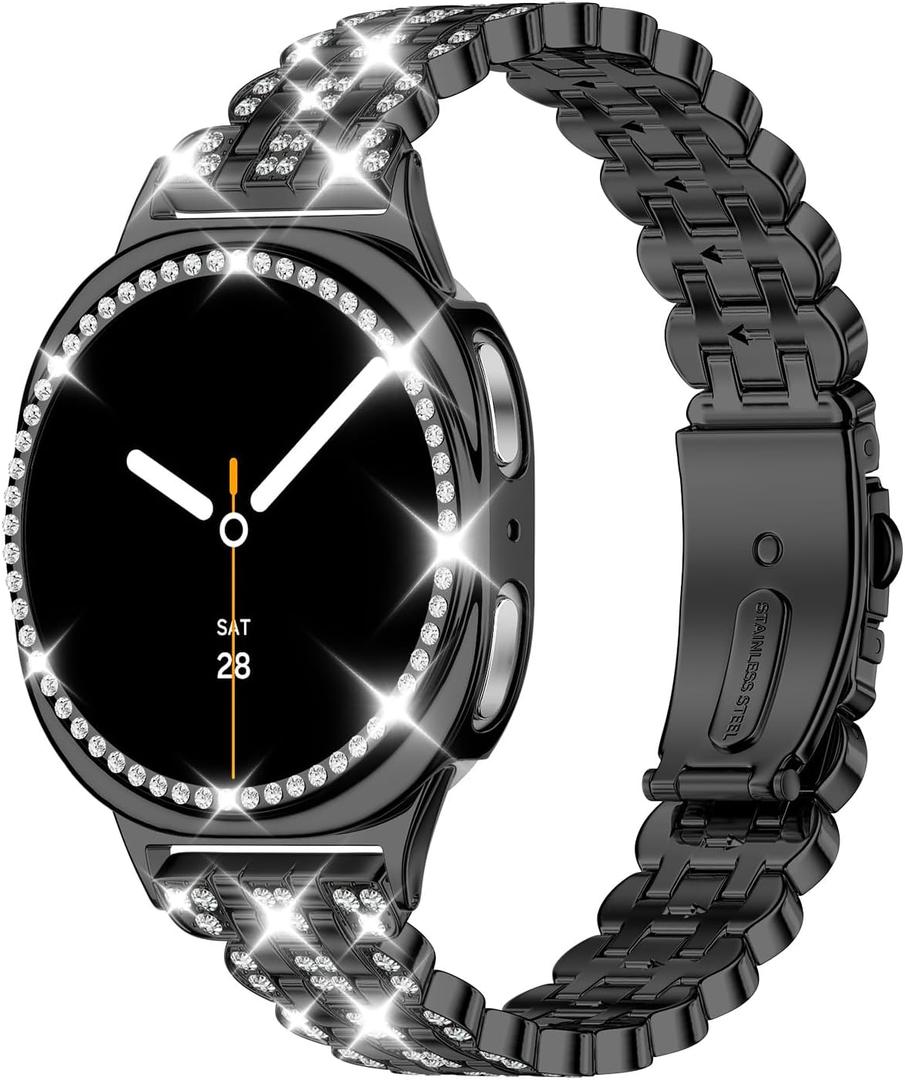 Bling Band+ Case Compatible with Galaxy Watch 8 40mm/44mm, Women Replacement Dressy Strap& Cover for Samsung Galaxy Watch8 (Black)