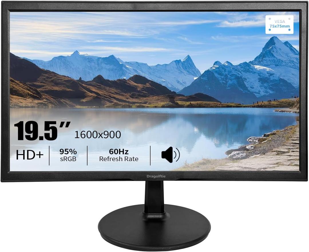 Dragolftie 19.5 Inch PC Monitor 1600x900, Dual Built-in Speakers, 5ms, Computer Screen Low-Blue Light 60Hz LED Monitors, HDMI, VGA, 75x75mm VESA Business Display, Black