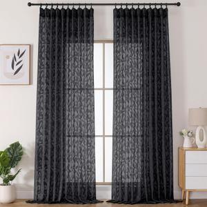 Lecloud Black Pinch Pleated Sheer Curtains 96 Inches Long 2 Panels for Large Window, Extra Wide Jacquard Textured Semi Sheer Curtains for Living Room with Back Tab Hooks Rings, 60" W x 96" L