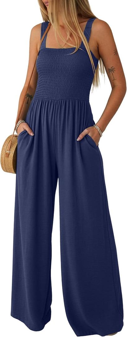 Lepunuo Jumpsuits for Women Casual One Piece Overalls Smocked Wide Leg Long Rompers With Pockets Beach Vacation, A - Navy Blue, X-Large