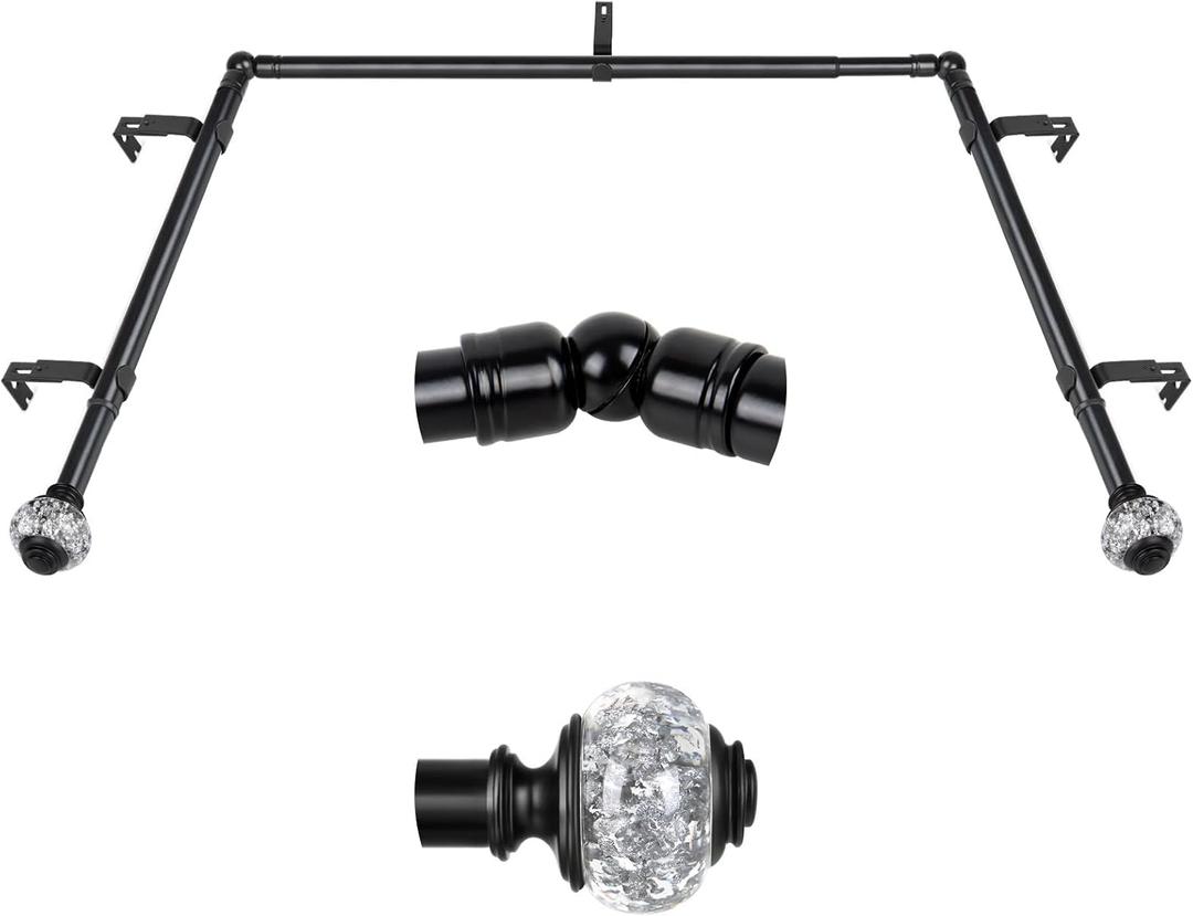 3/4 Inch Bay Window Curtain Rods, USFOOK Telescoping Black Curtain Rods for Bay Windows 36-72 Inch (Center Rod), 20-36 Inch (Side Rods), Translucent Finials