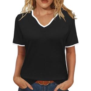 2 x JomeDesign Womens Summer Tops Short Sleeve Color Block V Neck Shirts Loose Fit Casual Blouses (Black, M)