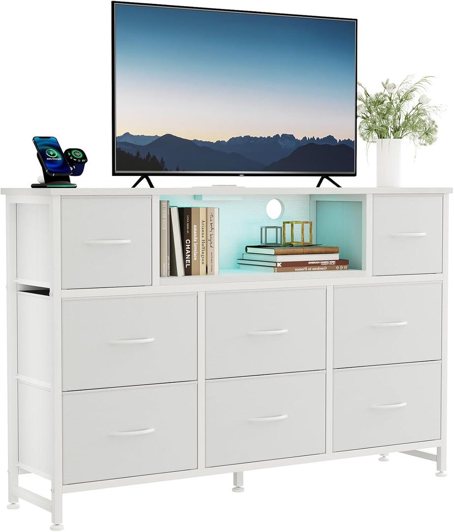 DUMOS LED Entertainment Center with Charging Station, TV Stand Dresser with 8 Fabric Drawers and Open Shelves, Wood Top Media Console for 45-55 inch, Bedroom, White, 11.8"D x 47.2"W x 31.5"H