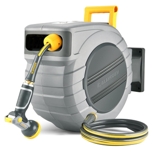 GLAHODEN Retractable Garden Hose Reel 5/8 in x 100 ft Upgraded UV Resistant Heavy Duty Automatic Hose Reel Wall Mount 3/4 in Brass Fitting 9 Pattern Nozzle Any Length Lock Slow Retraction 180° Swivel