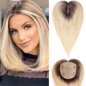 HAIRCUBE 5"*5.5" Large Base Hair Toppers for Women Real Human Hair Topper, 14 inch Ombre Light Blonde 100% Human Hair Topper, No Bangs for Women with Thinning or Grey Root