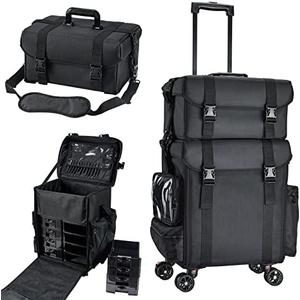 Costravio Travel Makeup Bag, Cosmetology Case on Wheels, 2 IN 1 Hair Tool Organizer, Rolling Nail Organizer Train Case, Large Cosmetic Trolley Suitcase for MUA/Hairstyling/Home-care/Groomer, Black