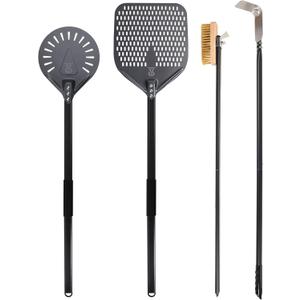 Pizza Turning Peel 9 Inch Perforated Pizza Peel and Pizza Brush Ash Rake 4 Piece Wood Fired Commercial Pizza Oven Utensil Kit with 40-Inch Aluminum Handle