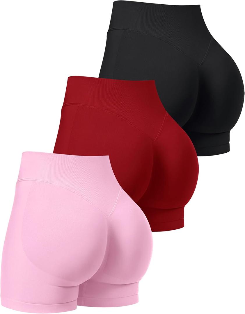 OLCHEE Womens Workout Shorts Seamless Scrunch Butt Lifting 3 Pack Yoga Gym Athletic High Waisted Tummy Control Booty 4.1" (Large, Black+red+light Pink)