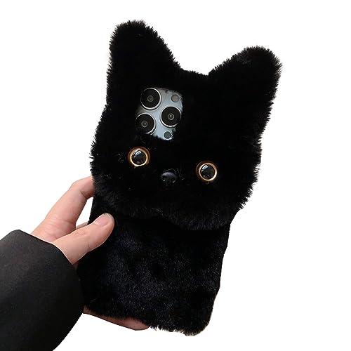 SINQERISHT Furry Plush Case for Samsung Galaxy S22 Ultra Phone Case Fluffy Girls Cute Winter Warm Hair Handmade Cat Cover Shockproof Protective Kawaii Cover for Girls Women(Black)