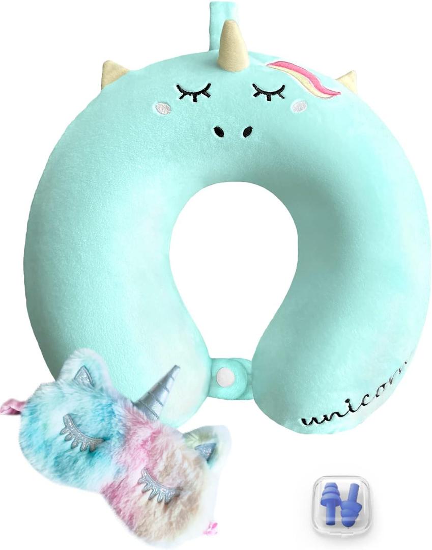 Neck Travel Pillow for Kids, Unicorn Airplane Memory Foam Pillow with Cute Sleep Mask & Earplugs, Lightweight Travelling Sleeping Pillow Set for Car, Train, Bus and Home Use (Blue)