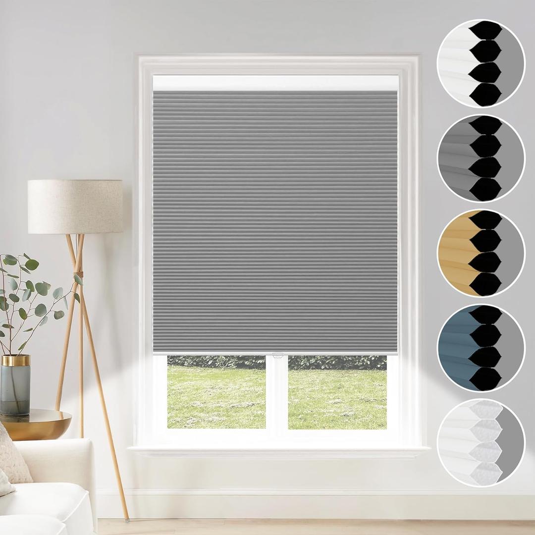 Window Shades Cordless Cellular Blinds Blackout Fabric Blind Honeycomb Shades Grey-White, 36x64 inch