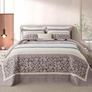 Bedduvit 100% Cotton 120"x120" Oversized King Bedspread - Farmhouse Oversized Quilt King Size, 3 Pieces Striped Botanical Pattern Lightweight Bedspreads Coverlet Set, All Seasons, Brown/Gray/Beige