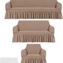Fanfanwin 3 Pcs Sofa Slipcover Set for Couch Cushion Durable Washable High Elastic Stretchable Furniture Couch Covers with Skirt for Sofa Loveseat Arm Chair(Khaki,Seersucker) Only 2 Seater