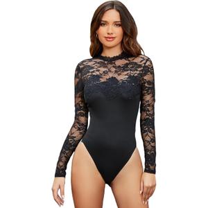 WDIRARA Women's Floral Lace Mock Neck Long Sleeve Mesh Sheer Skinny Bodysuit (Large, Black)