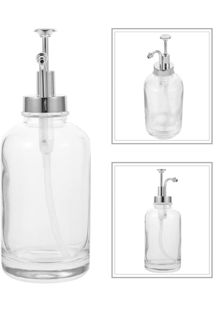 Dish Soap Dispenser for Kitchen, Hand Glass Soap Dispenser Set with Pump, Tray, Funnel for Bathroom, Shower, Laundry, Liquid, Lotion (Silver 2 Pack