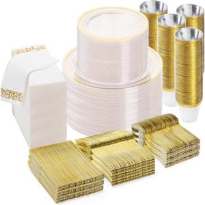 BESTVIP 700PCS Clear Gold Disposable Dinnerware Set for 100 Guests, Plastic Plates for Party, Wedding, Christmas, Include: 200 Plastic Plates, 100 Gold Silverware, 100 Cups, 100 Napkins