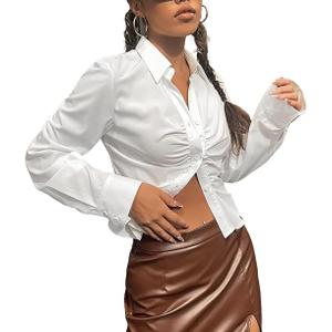 Women's Spring Solid Ruched Curved Hem White Shirt Top Long Sleeve Button Front T Shirt Blouse for Women