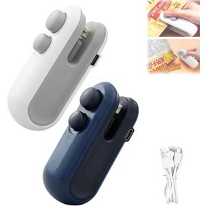 Mini Bag Sealer with Cutter and Magnet, Rechargeable Mini Bag Sealer and Cutter, Hand Pressure Portable Snack Plastic Heat Sealing Machine for Snacks, Food Freshness Storage (2, Blue+White)