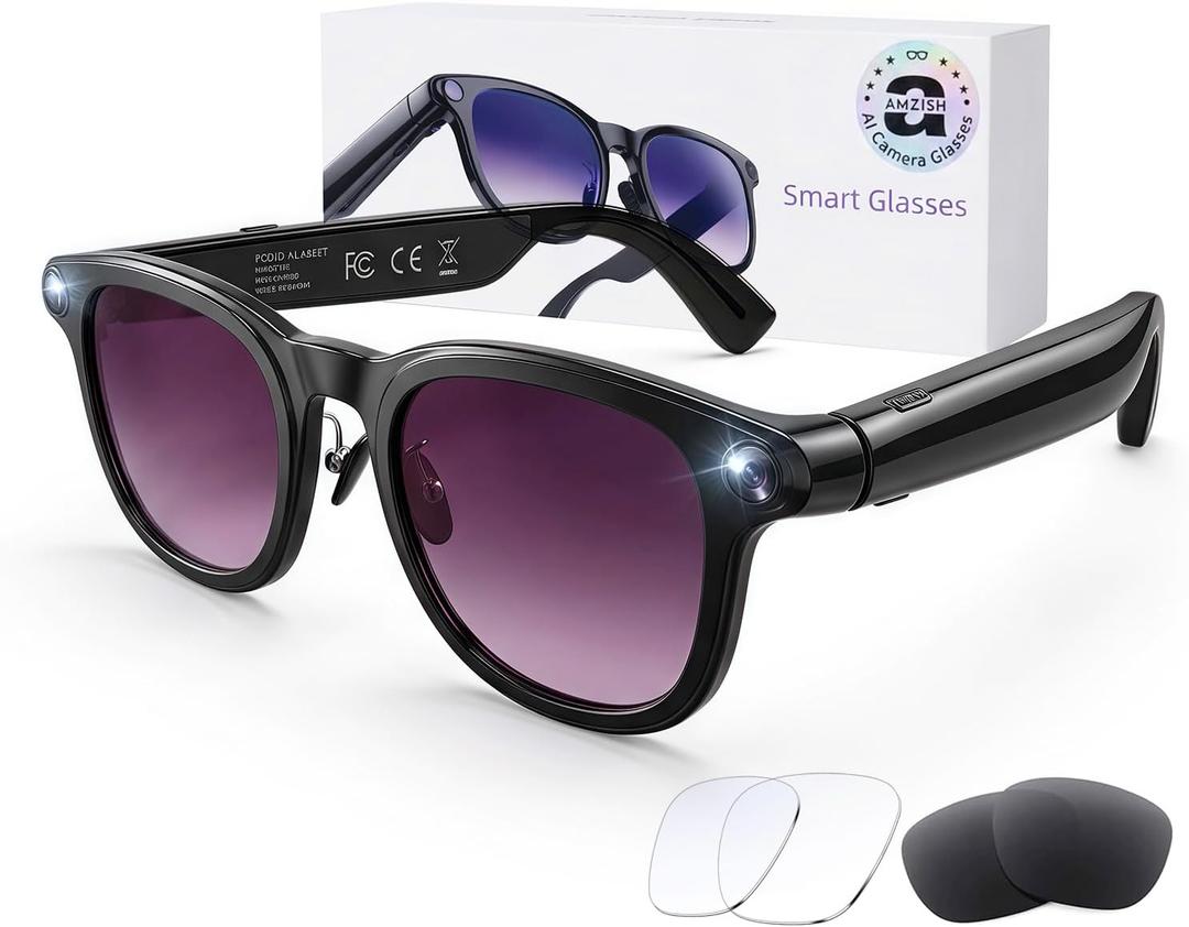 AI Smart Glasses with Camera, 8MP HD Bluetooth Camera Glasses, 1080P Video Recording Sunglasses for Women Men, Real Time Translation, Voice Assistant, Open-Ear Audio for Travel, Work Vlog (3 lenses) (Piano black)