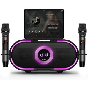 RHM K666PLUS Karaoke Machine with Powerful Sound, Deep Bass & Led Light, 2 Wireless Microphones, 7 Hours Playtime, Support Bluetooth/AUX/USB/PC for Outdoor Party